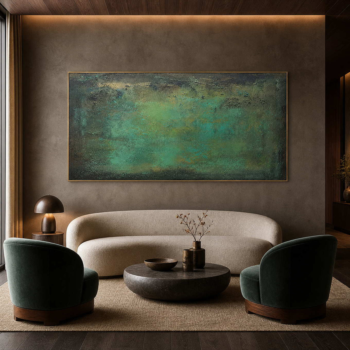 Atmospheric green textured wall art in a forest-toned hotel lobby.