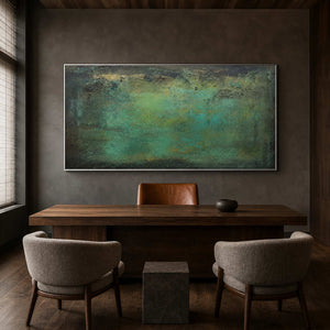 Large green and charcoal abstract wall art in a dark wood office.