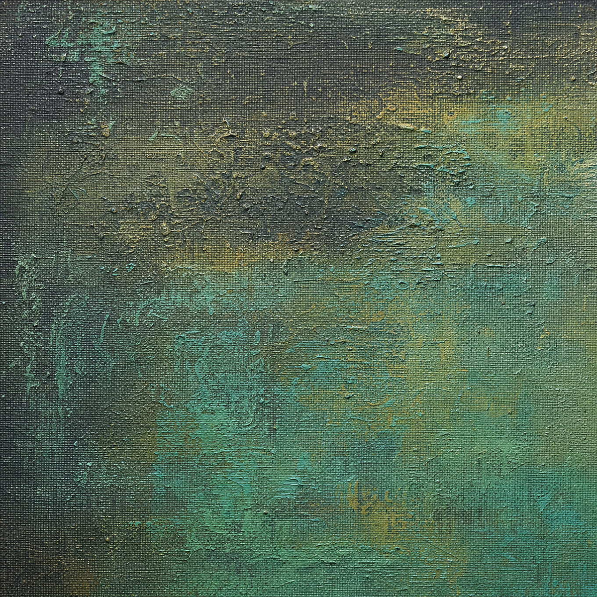 Close-up of verdigris green, charcoal, and gold hand-painted texture.