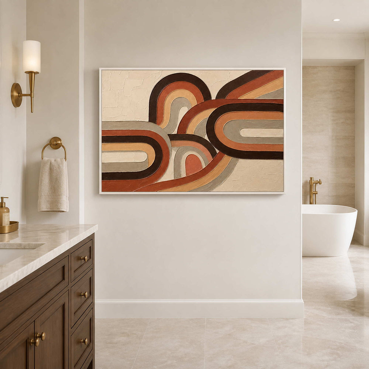 Warm geometric wall art displayed in a light contemporary bathroom.
