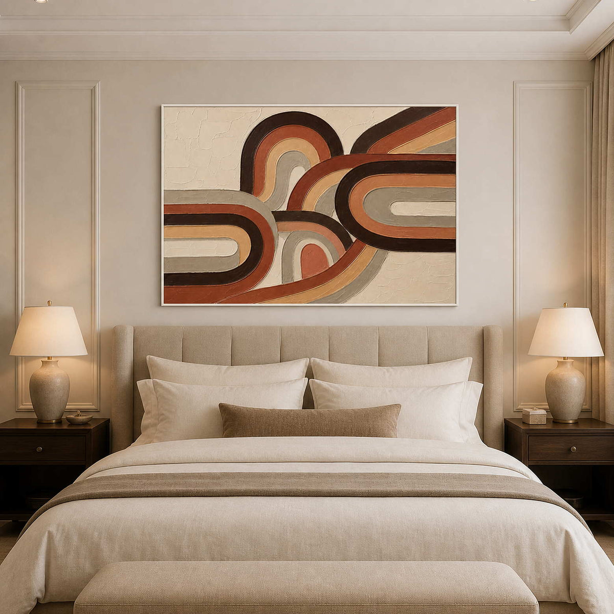 Warm curved abstract wall art styled above a calm neutral bed.