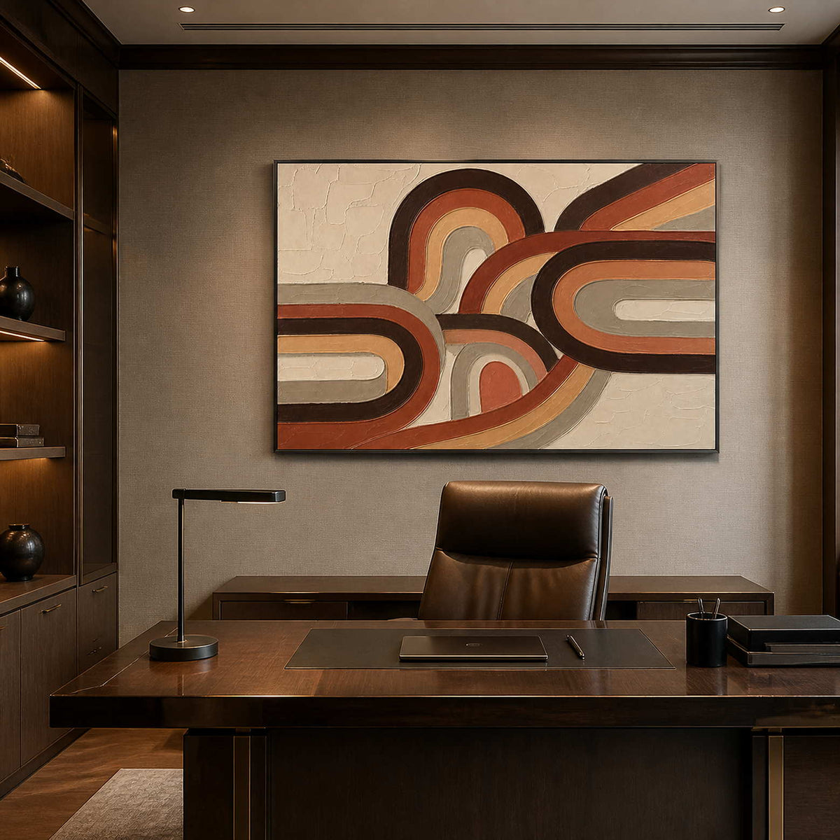 Horizontal earth-tone wall art displayed in a dark modern office.