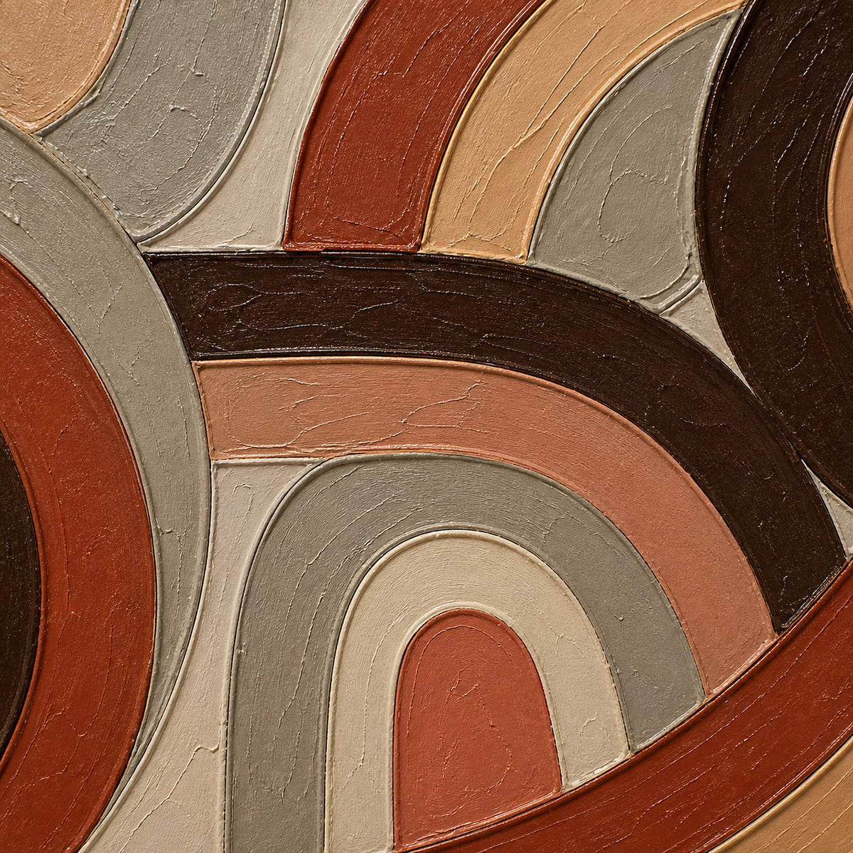 Close-up of raised terracotta, espresso, sand, and stone painted contours.