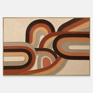 Horizontal textured wall art with looping terracotta, espresso, sand, and stone curves.