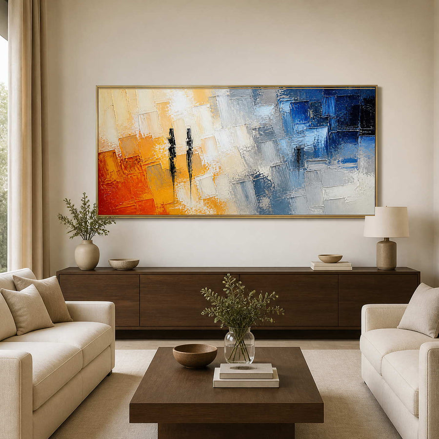 Orange, ivory, and blue panoramic textured abstract wall art in a neutral living room.
