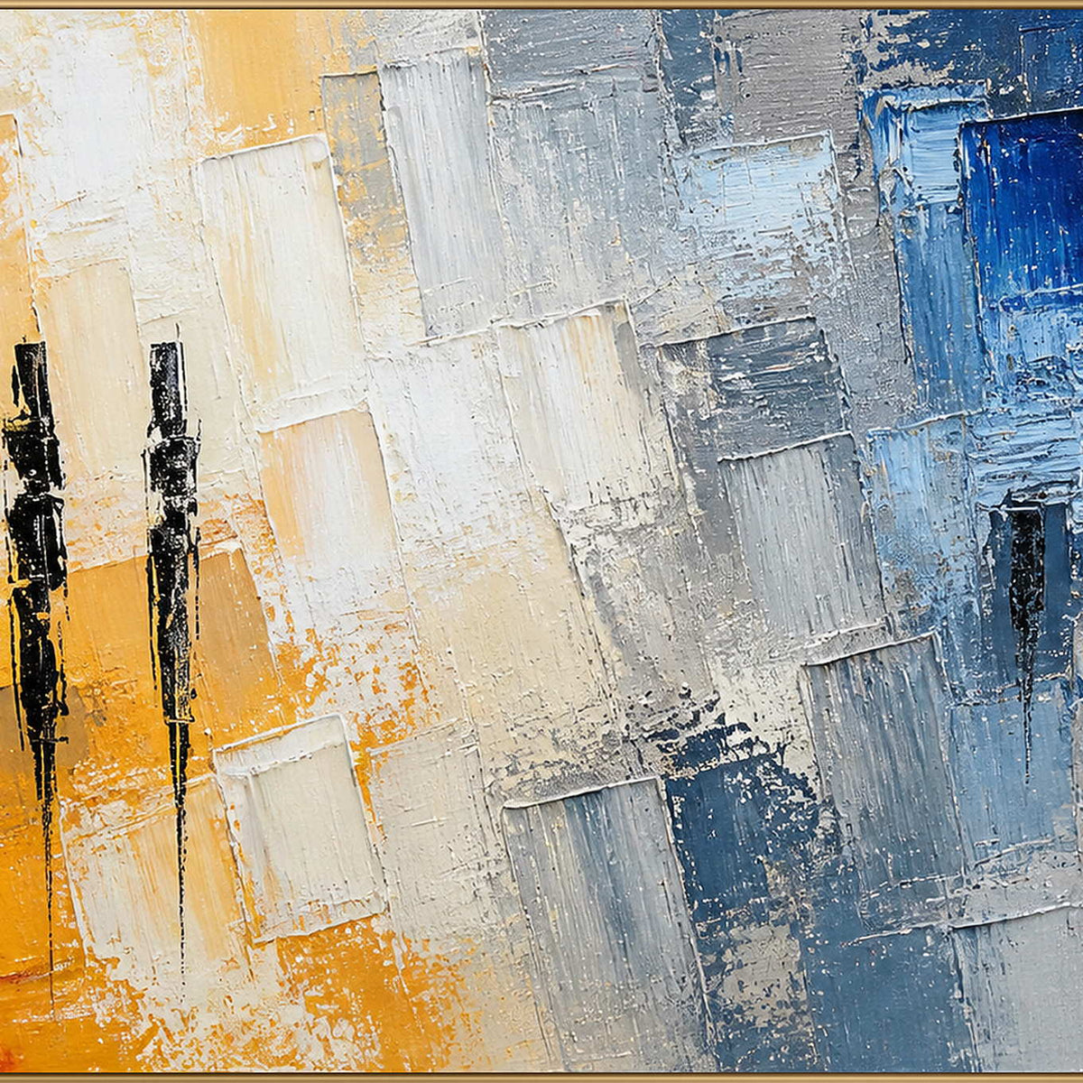 Close-up of raised orange, ivory, gray, blue, and black palette-knife blocks.