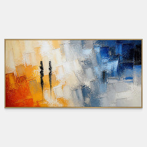 Hand-painted panoramic abstract canvas with orange, ivory, gray, blue, and black blocks.
