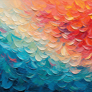Close-up of raised hand-painted texture in blue, warm tones, and white.