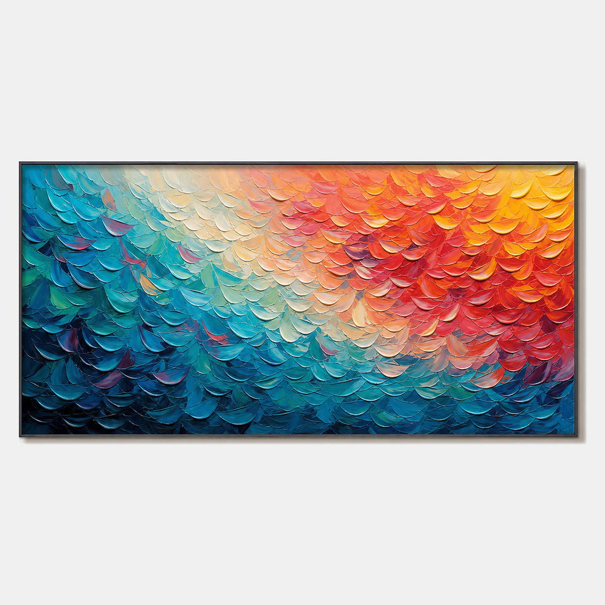 Hand-painted textured abstract wall art with blue, warm tones, and white tones.