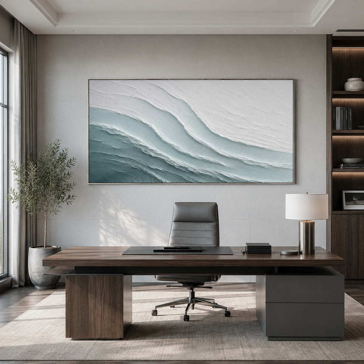 Sea glass panoramic artwork in a contemporary executive office