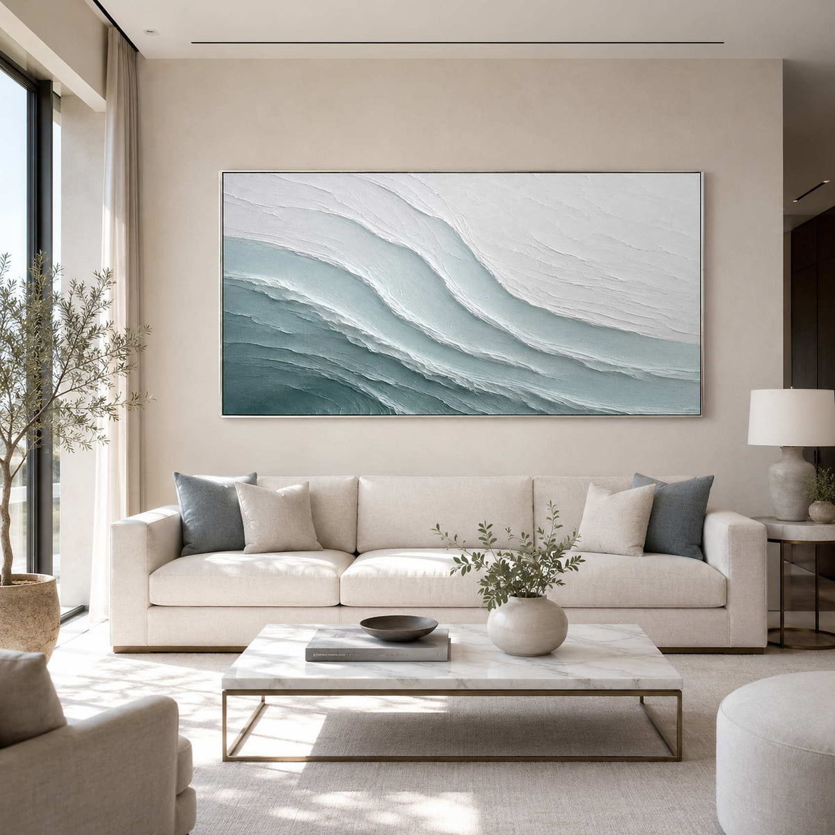 Panoramic coastal wall art in a bright contemporary living room