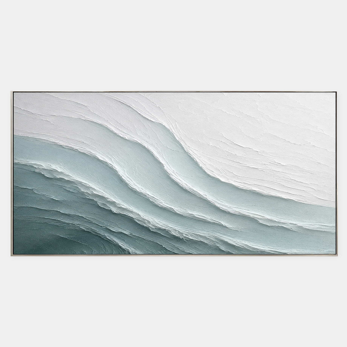 Wide sea glass blue and white textured coastal artwork
