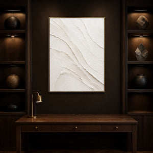 White sculptural abstract wall art displayed in a deep brown home office.