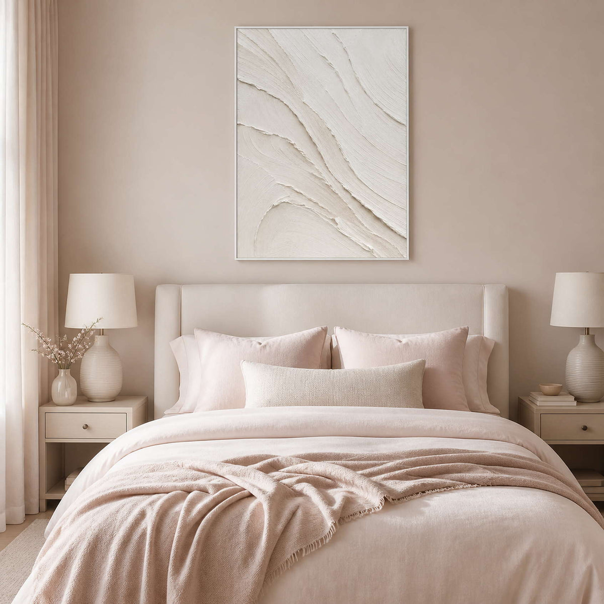 Ivory textured abstract wall art displayed in a mist-pink bedroom.