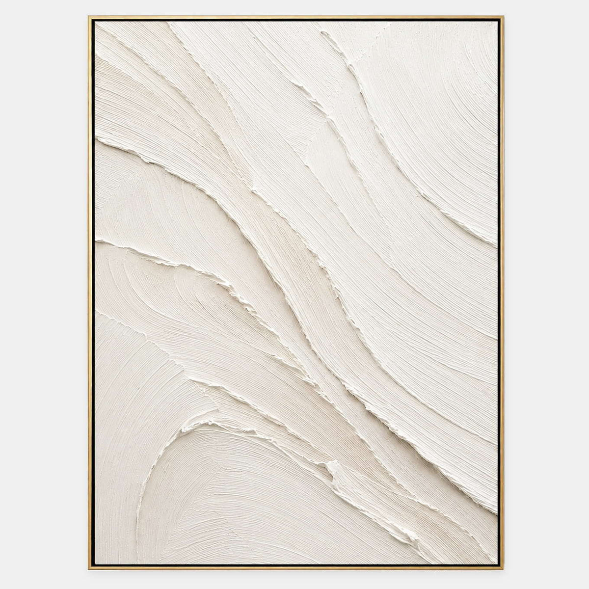 Hand-painted white and ivory abstract wall art with sweeping palette-knife relief.