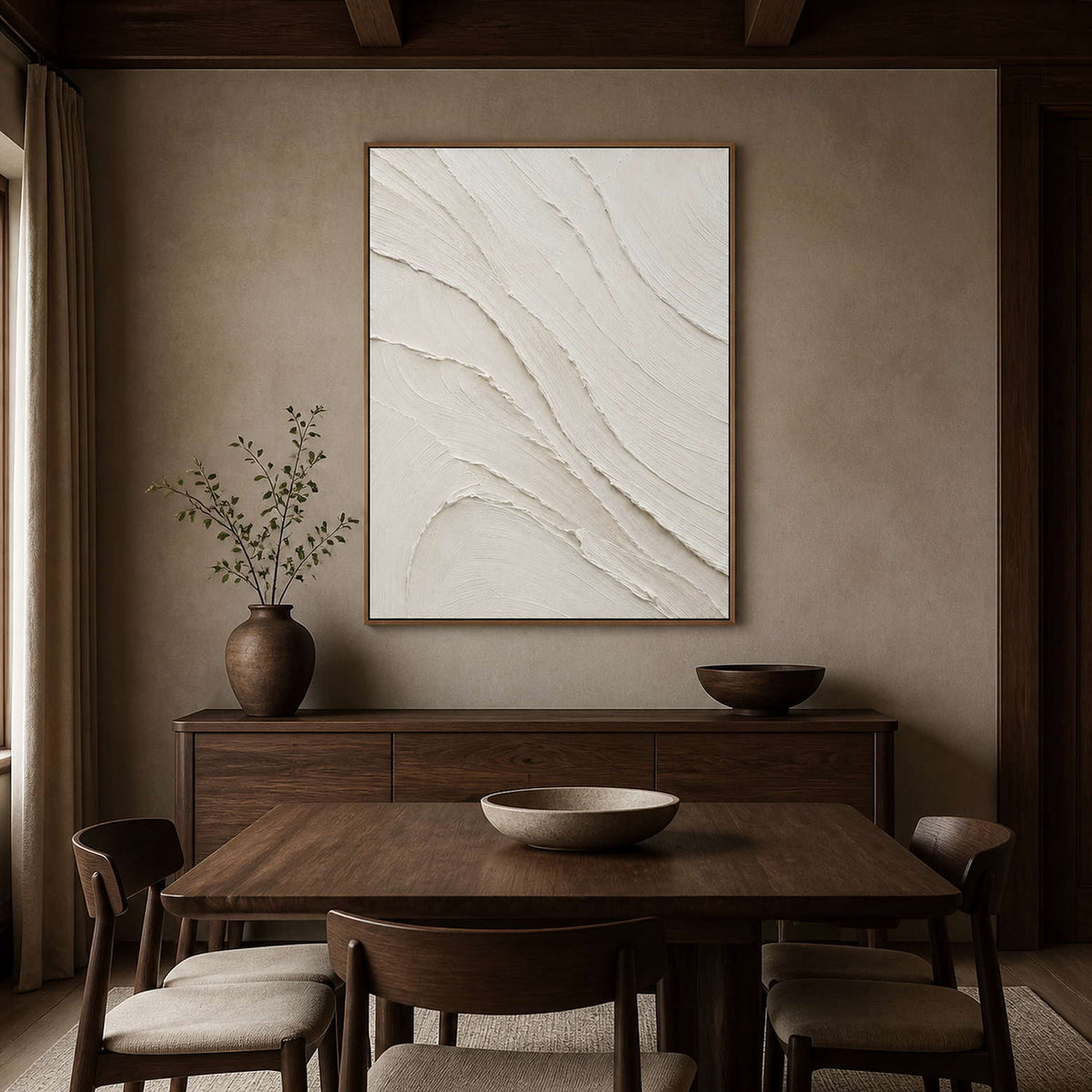 Vertical ivory abstract wall art displayed in a walnut dining room.