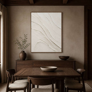 Vertical ivory abstract wall art displayed in a walnut dining room.