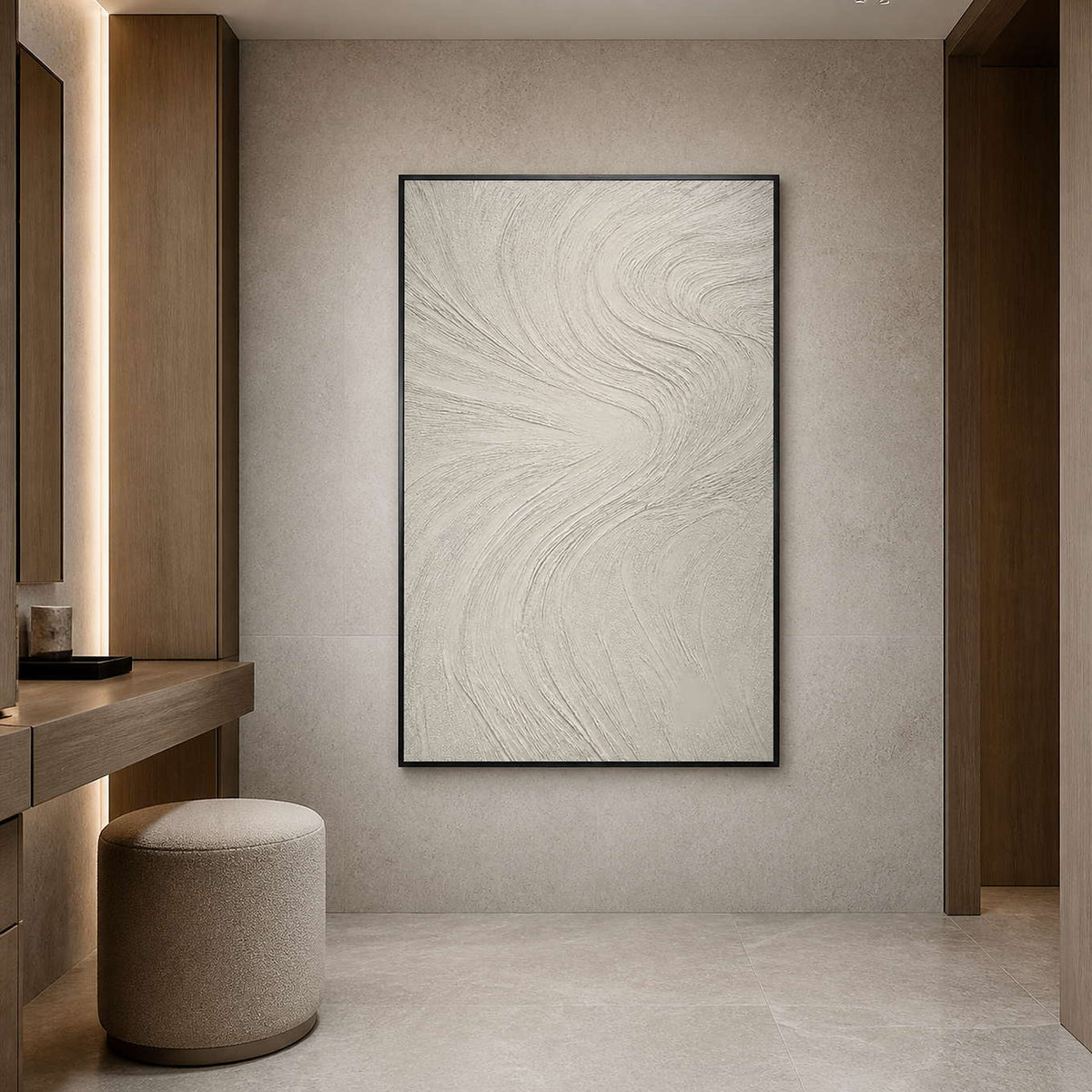 White textured abstract wall art displayed in a serene luxury bathroom.
