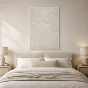 Calm ivory Wabi Sabi wall art displayed above a luxury primary bedroom.