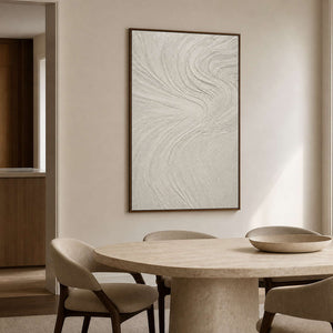 Minimalist white textured wall art displayed in a refined neutral dining room.