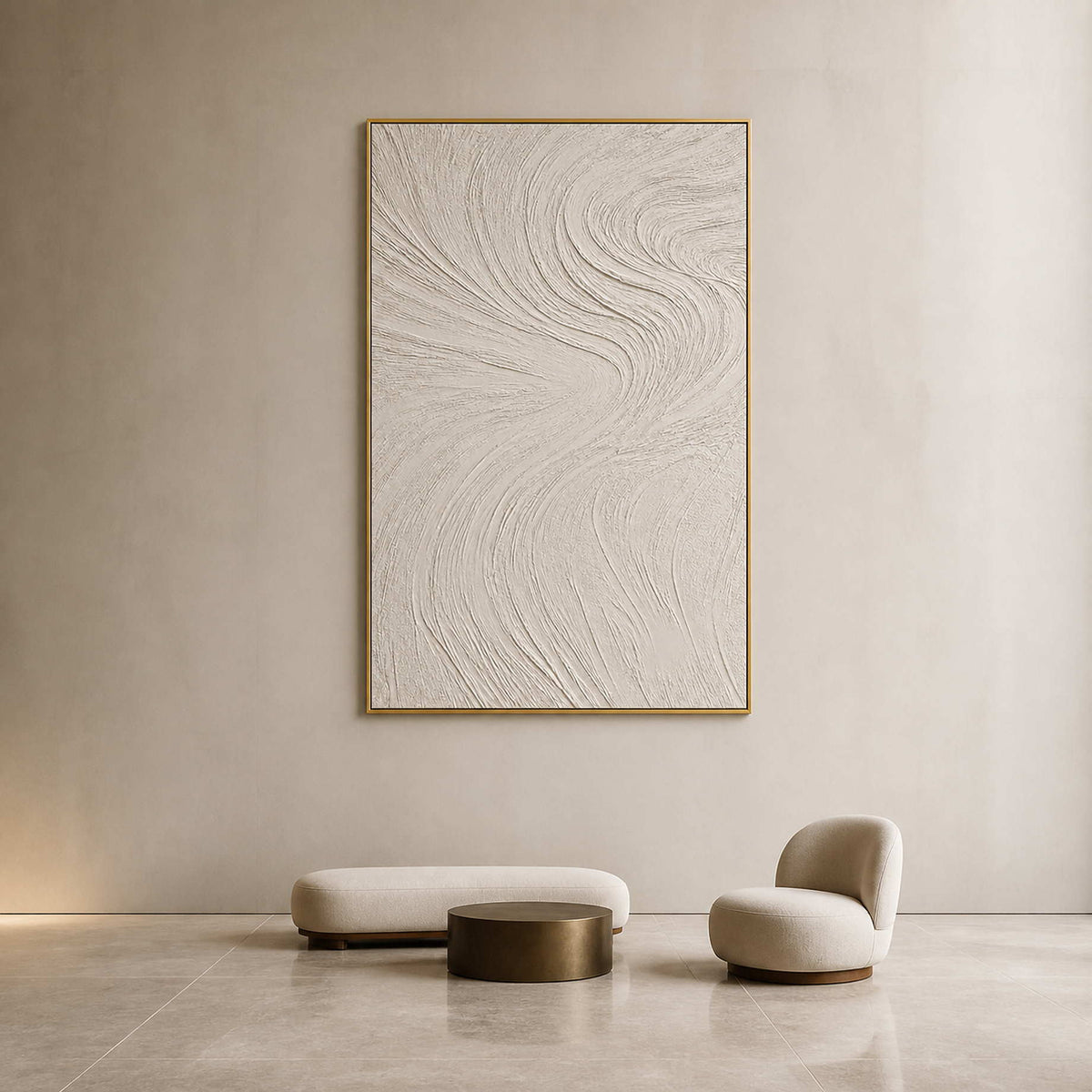 Minimalist white Wabi Sabi wall art displayed in an upscale hotel lobby.