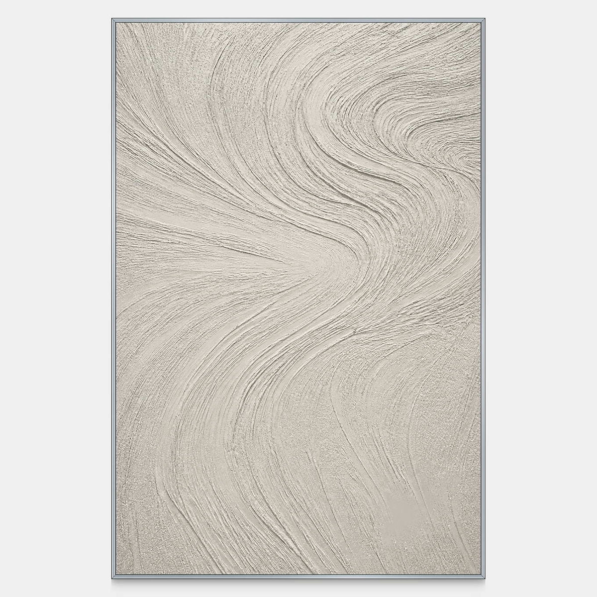 Hand-painted vertical Wabi Sabi wall art in chalk white, ivory, and pale stone.