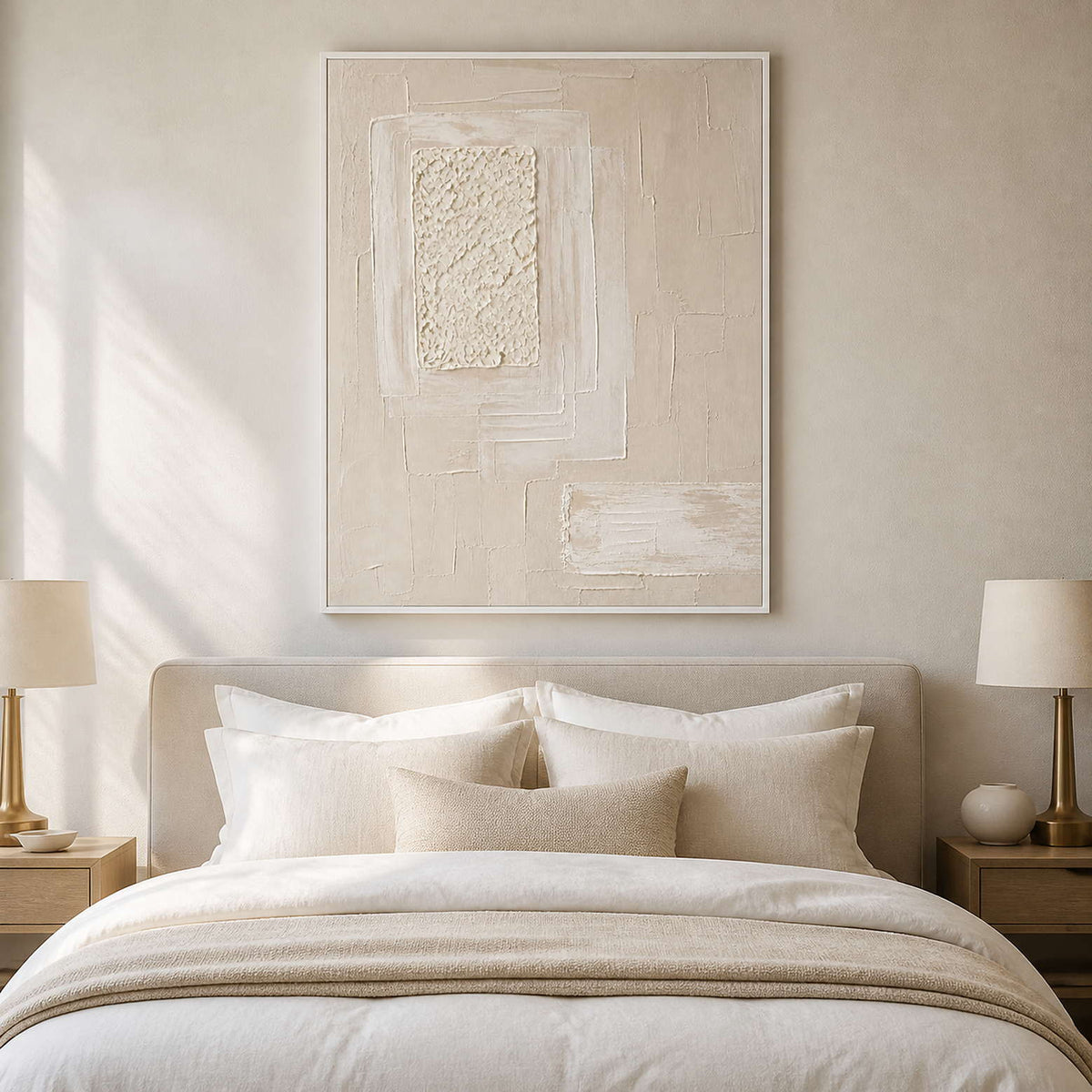 Soft blush and white artwork styled above a peaceful bedroom.