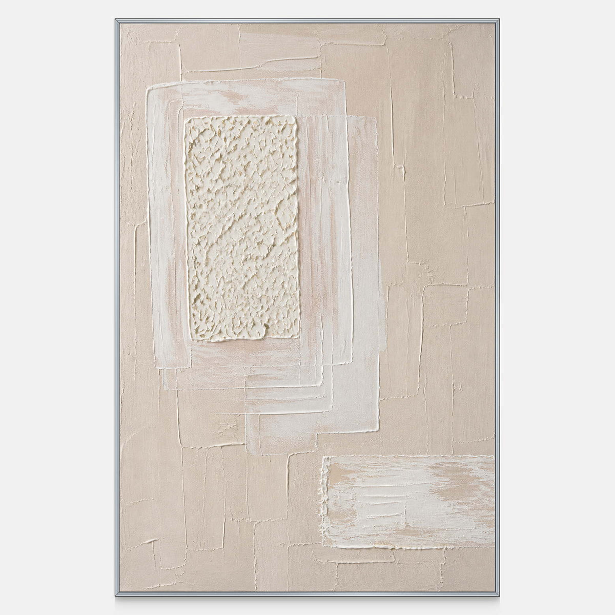 Layered ivory and blush Wabi Sabi canvas with sculptural white texture.