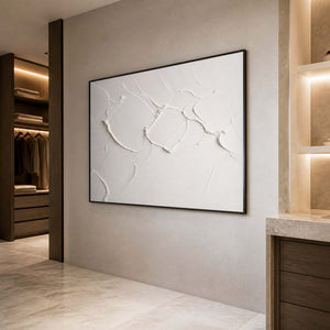 White sculptural abstract wall art displayed in a serene luxury bathroom.