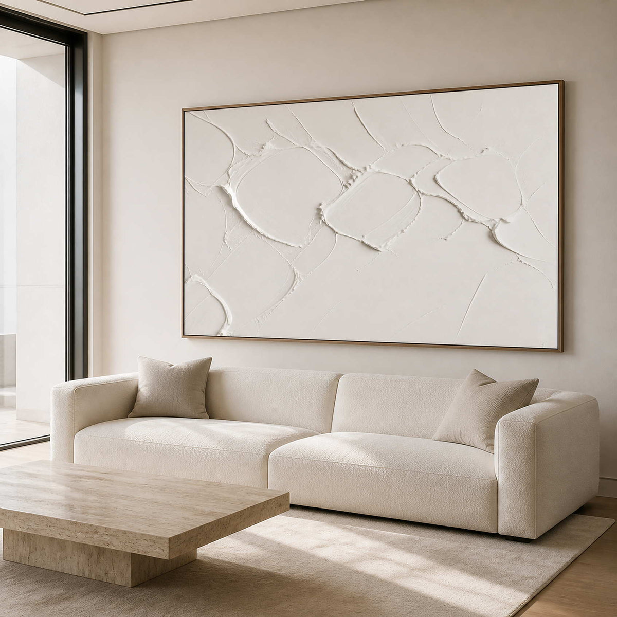 White textured Wabi Sabi wall art displayed in a modern luxury living room.