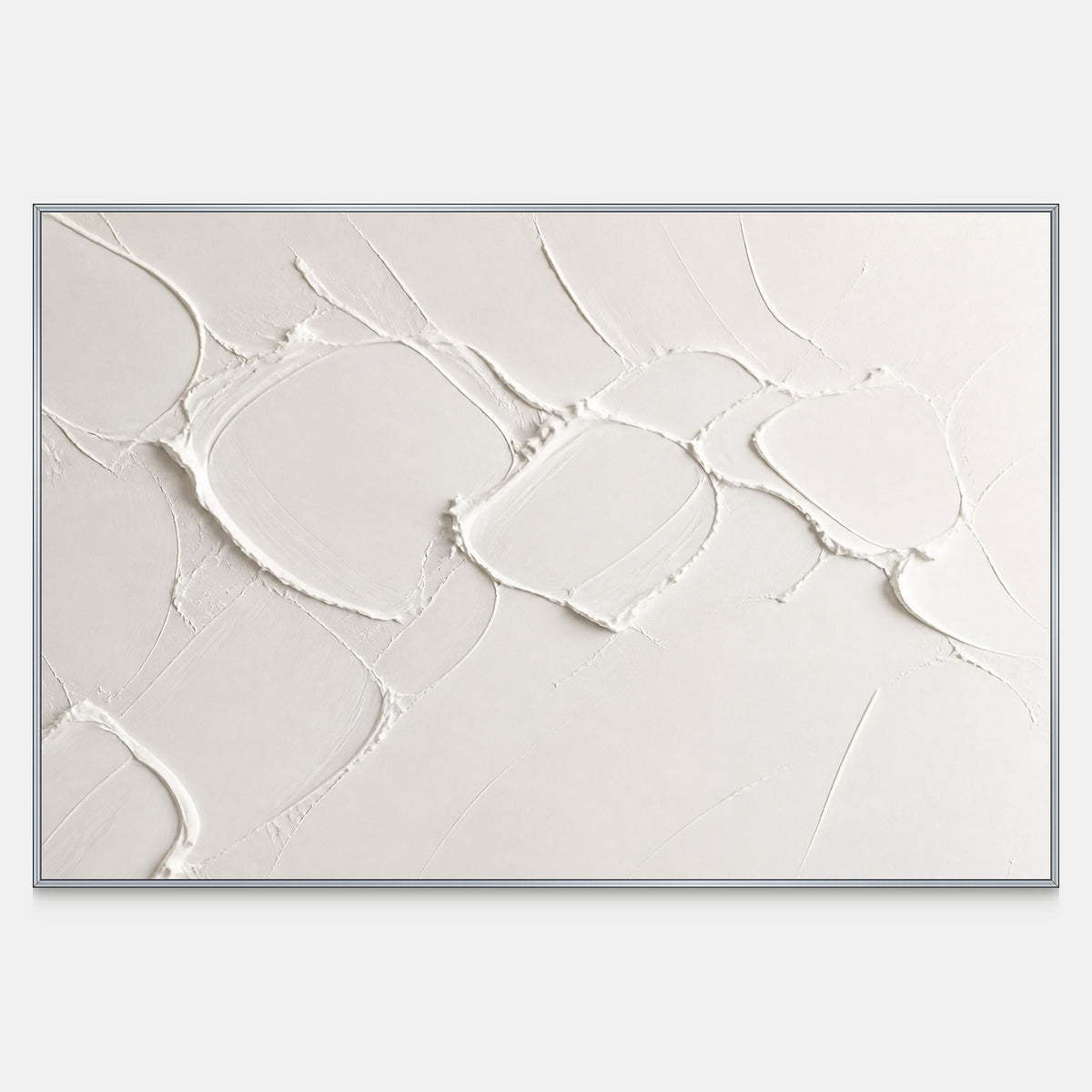 Hand-shaped horizontal Wabi Sabi wall art in chalk white, ivory, and pale mineral tones.