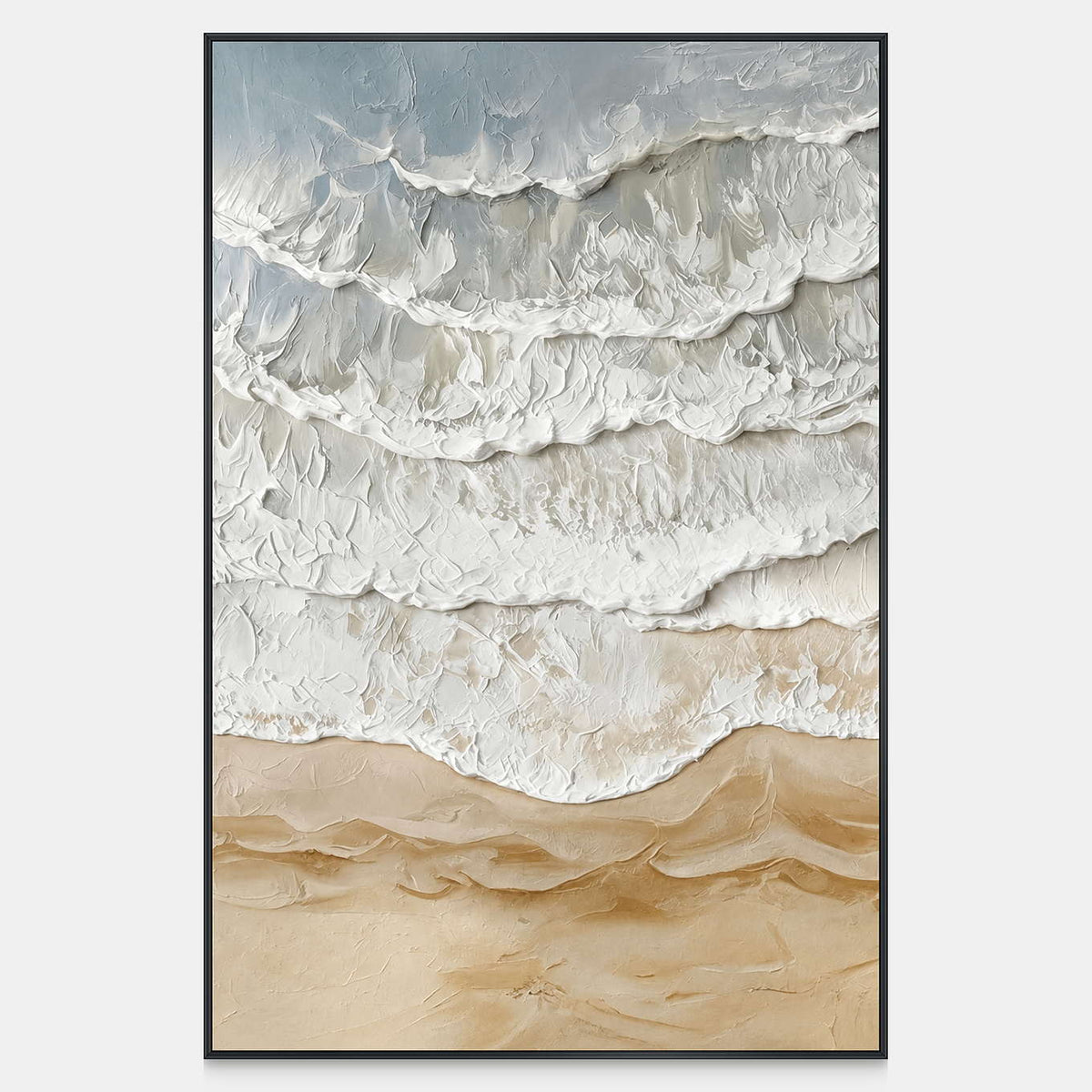 Front view of Whispering Tides, with pale blue-gray waves and layered white foam meeting warm beige sand.