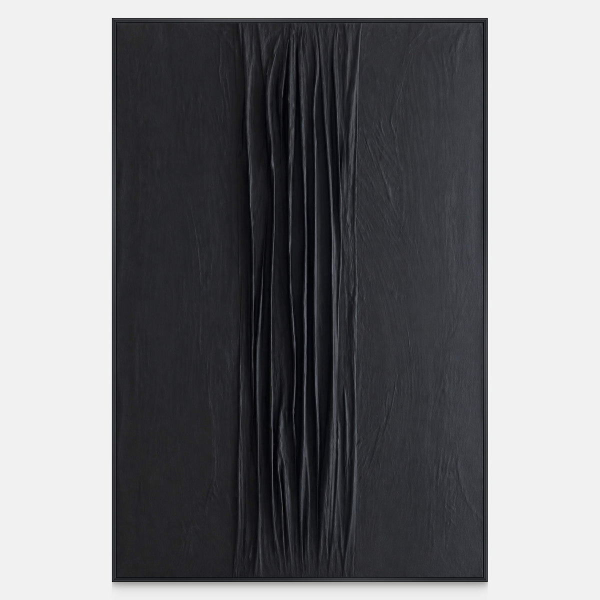 Vertical black abstract painting with fine gathered folds and subtle charcoal highlights.