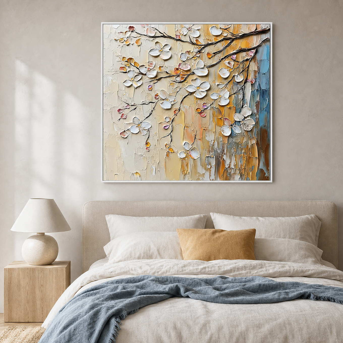 Textured Floral Wall Art displayed in a refined bedroom.