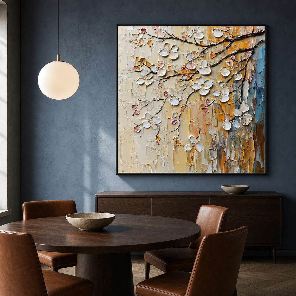Textured Floral Wall Art displayed in a refined dining room.