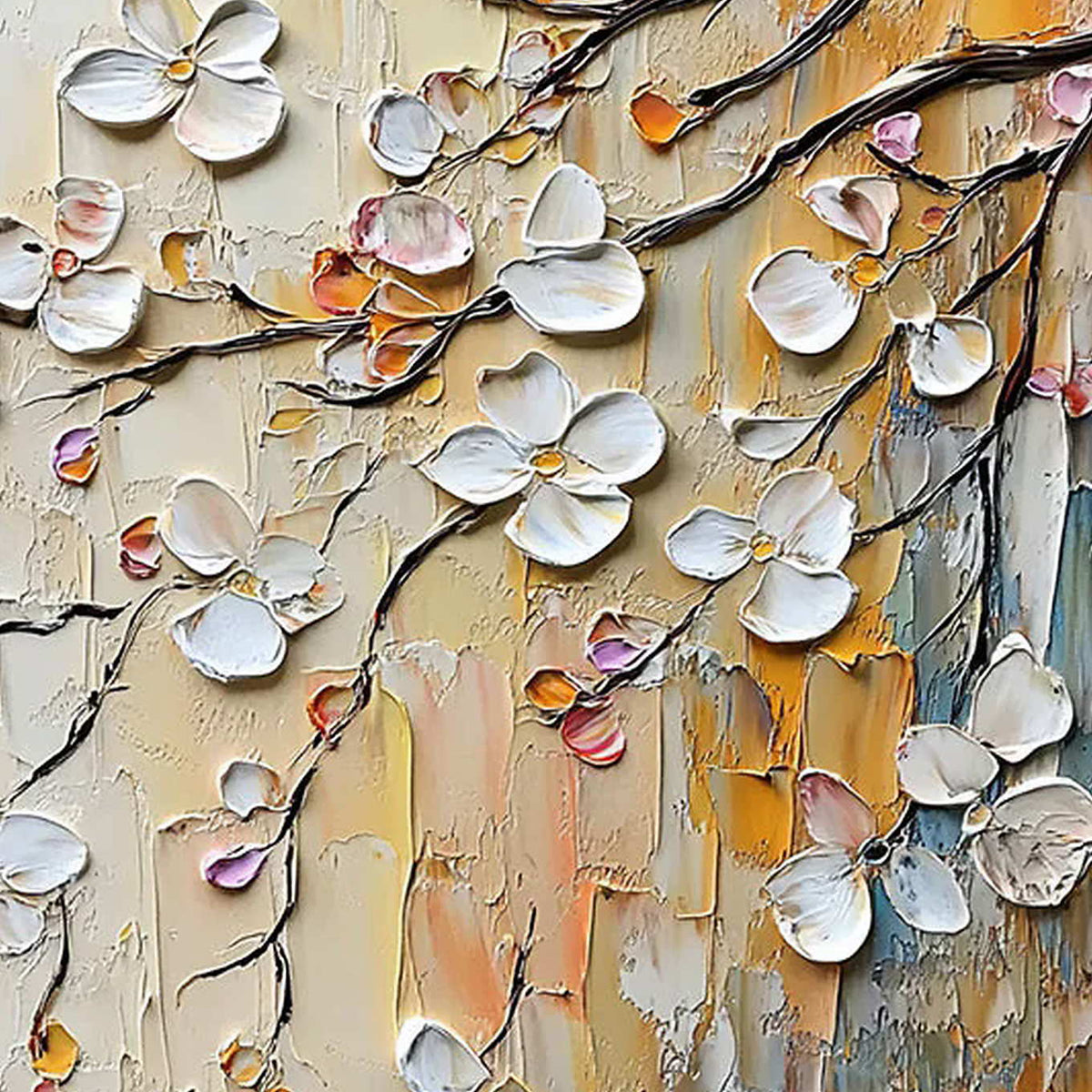 Close-up of raised hand-painted texture in white, warm tones, and blue.