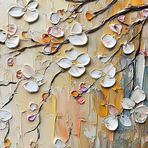 Close-up of raised hand-painted texture in white, warm tones, and blue.
