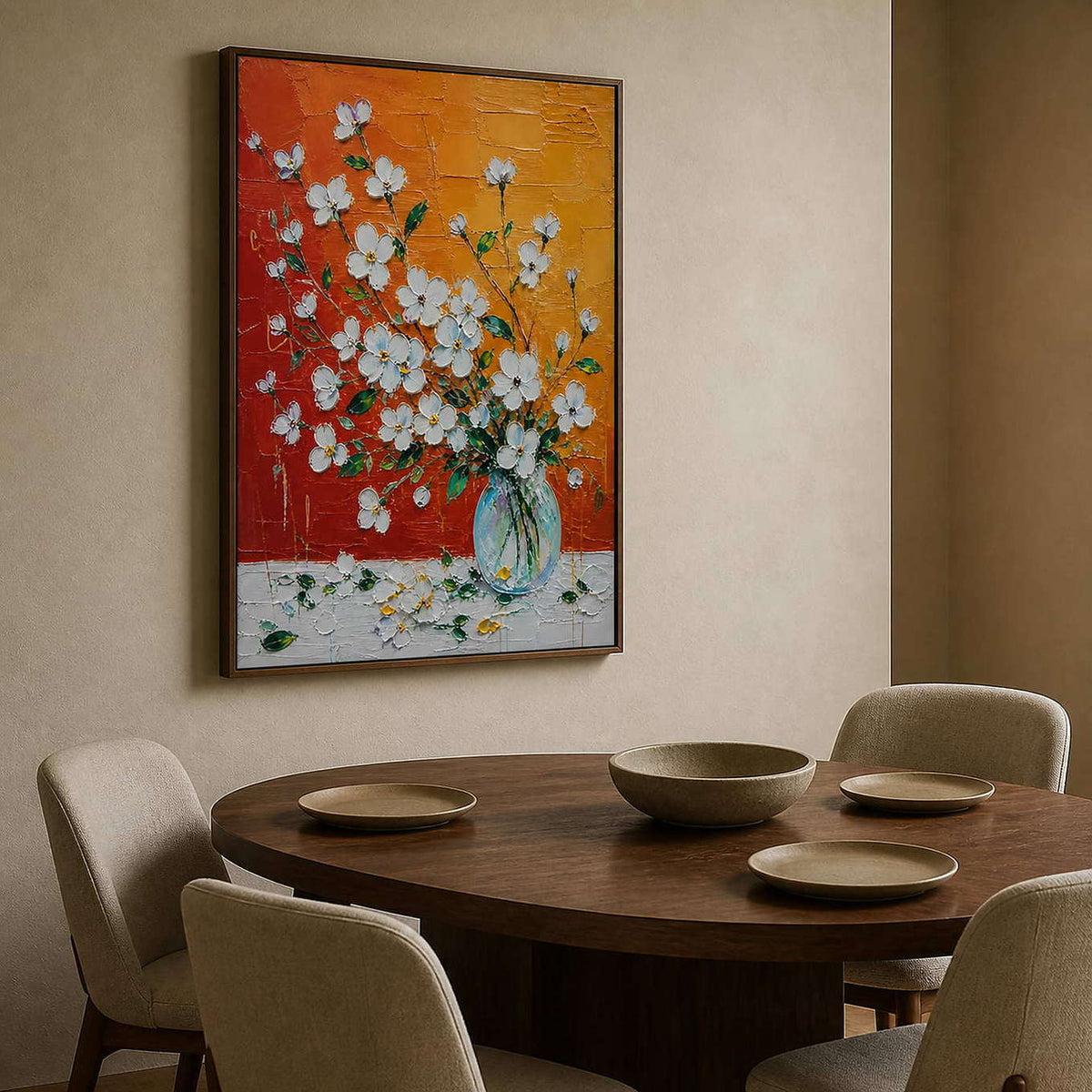 Warm orange floral artwork above a dark walnut dining table.