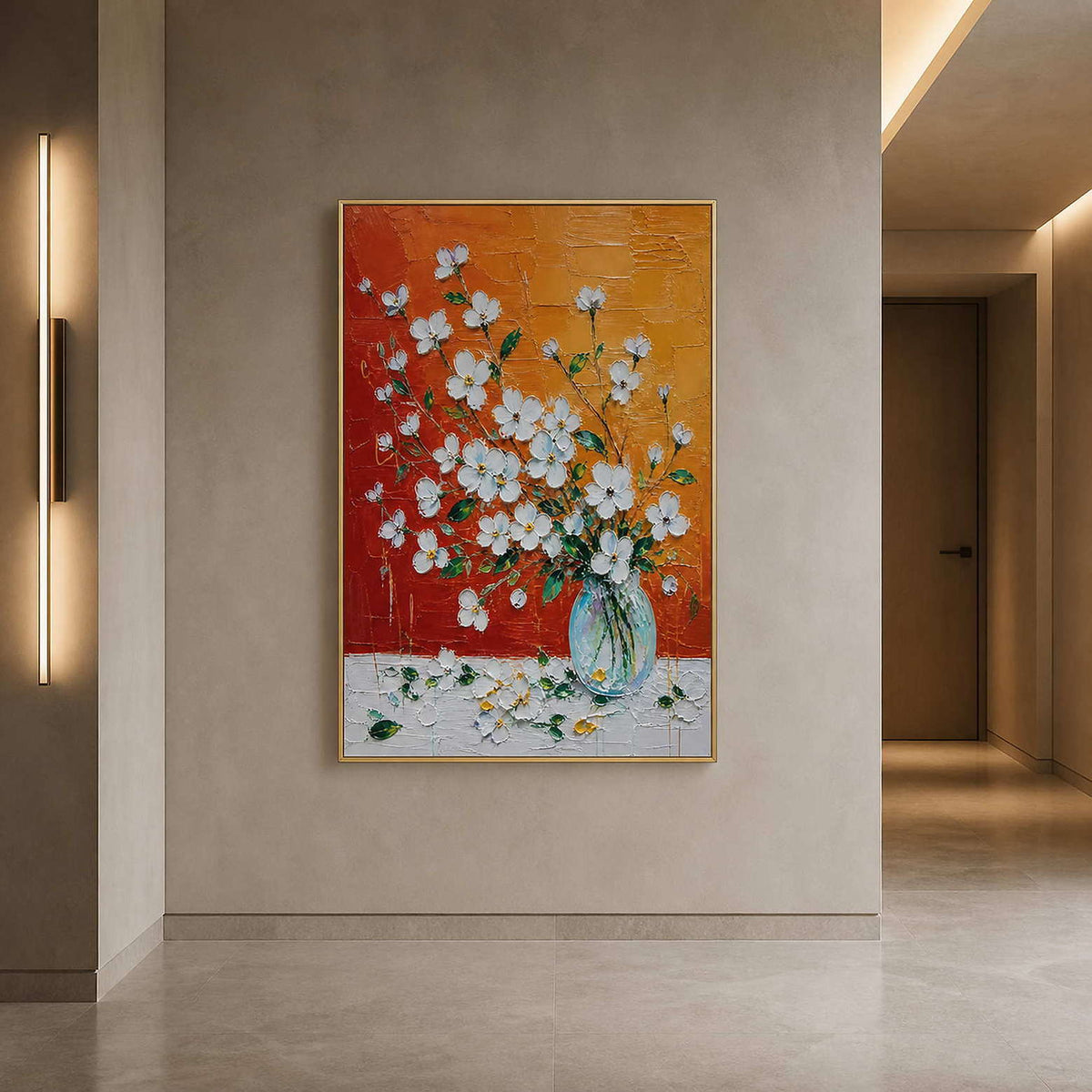White blossom artwork warming an elegant hotel hallway.