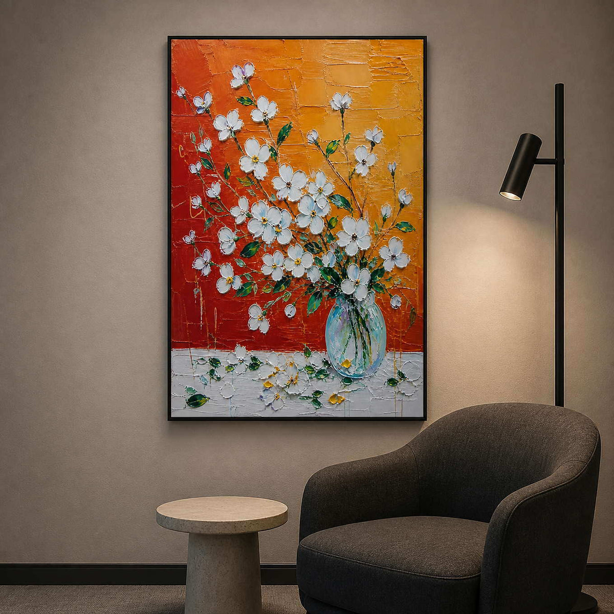 Large textured floral painting in a boutique hotel lounge.