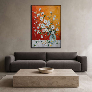 Vibrant floral wall art in a calm modern living room.