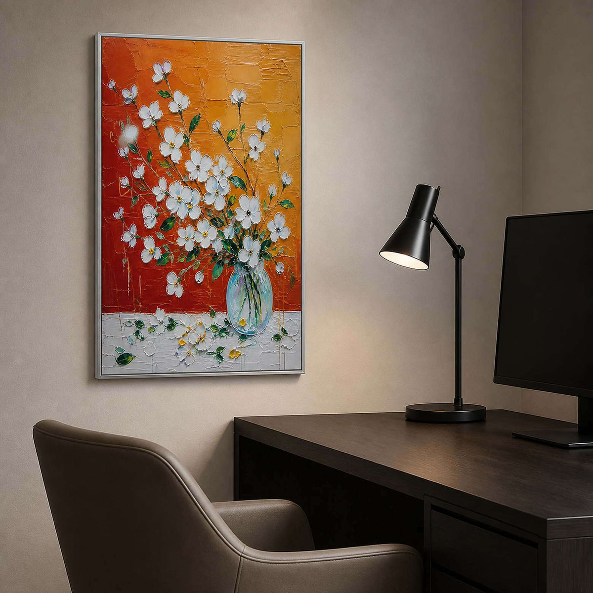 Bright floral still life in a tailored contemporary study.