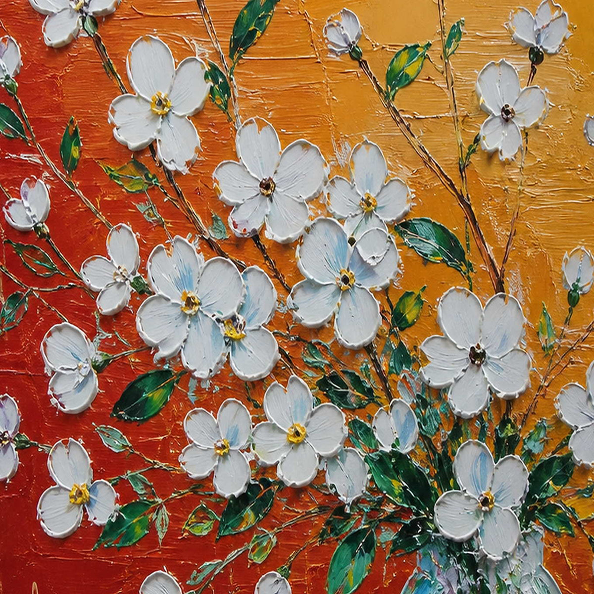 Close-up of raised white petals, green stems, and orange texture.