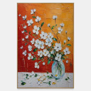 Hand-painted white blossoms against vermilion and burnt orange in a glass vase.