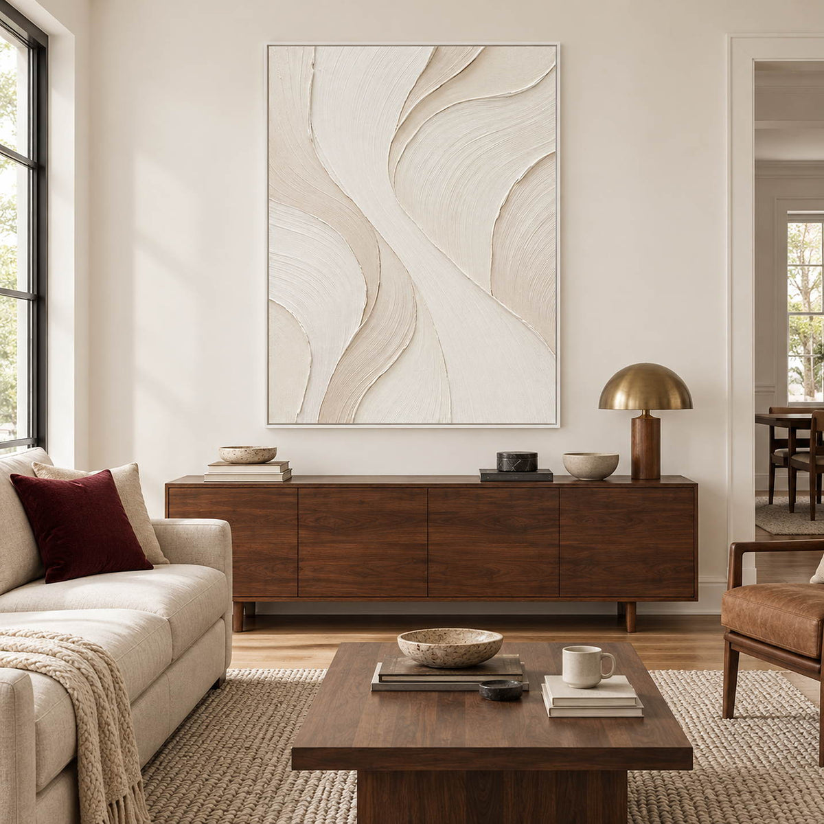 Hand-painted ivory abstract wall art with flowing cream relief and fine combed texture, displayed in a living room in a white frame.