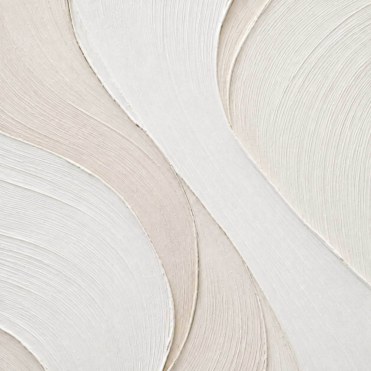 Close-up of cream canvas, flowing combed lines, and raised ivory palette-knife edges.