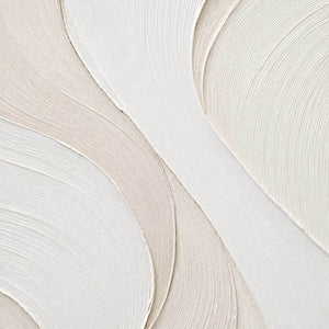 Close-up of cream canvas, flowing combed lines, and raised ivory palette-knife edges.