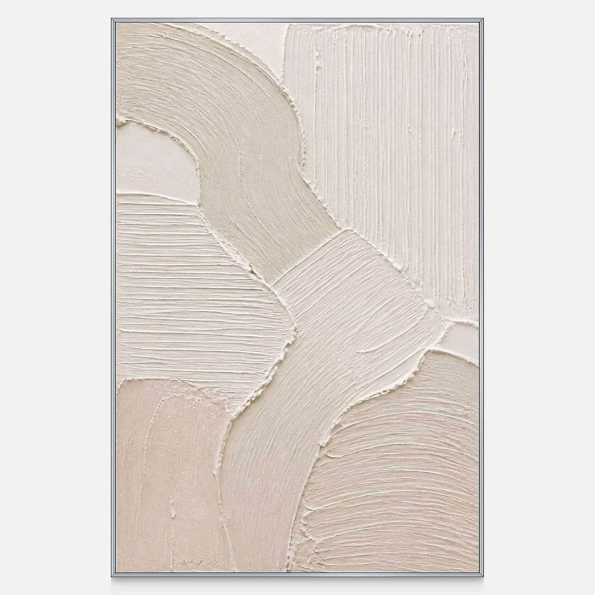 Hand-painted ivory abstract canvas with overlapping raised organic forms.