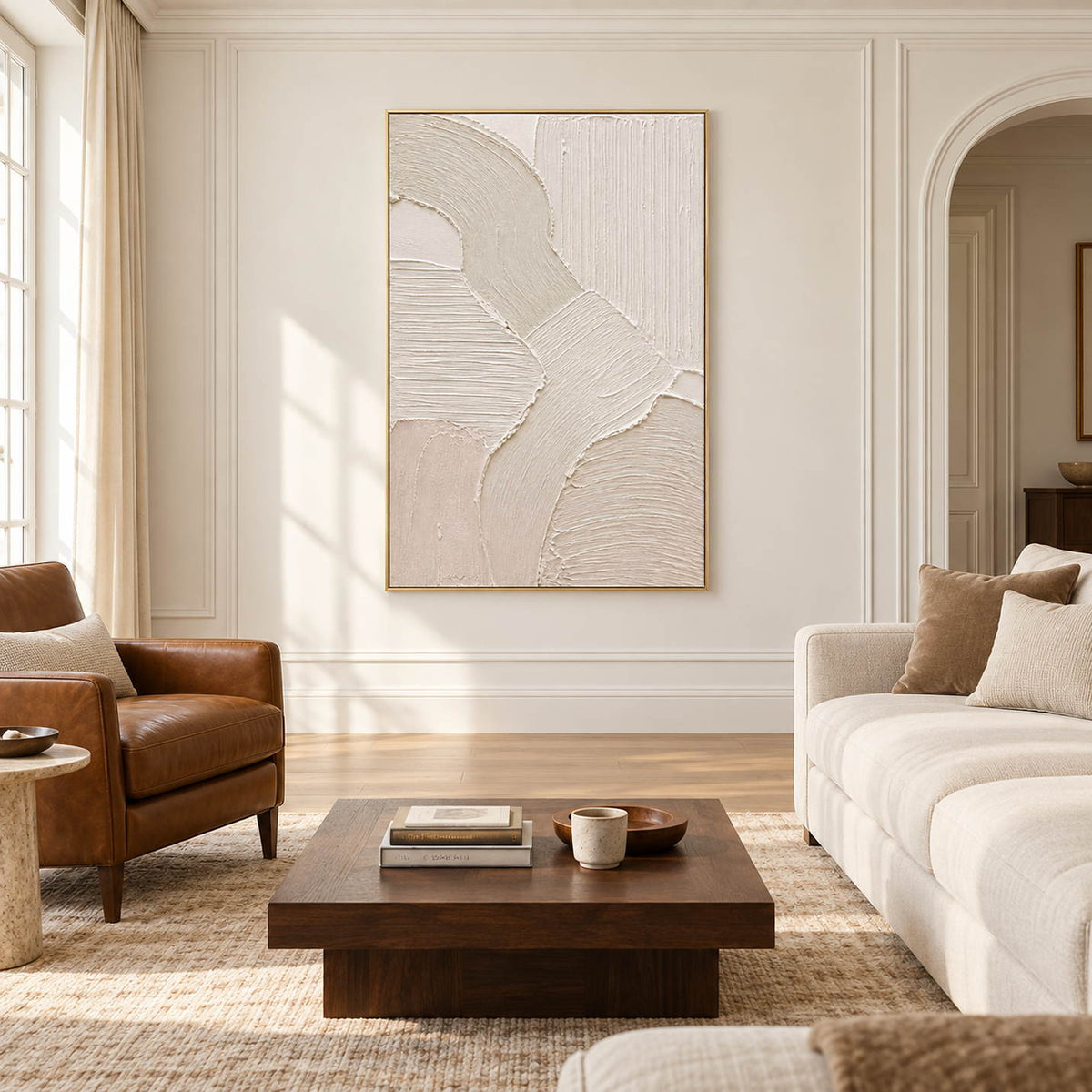 Hand-painted ivory abstract canvas with overlapping raised organic forms, displayed in a living room in a gold frame.