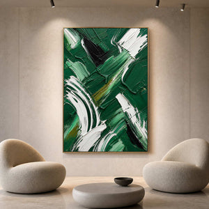 Textured emerald abstract wall art displayed in a minimalist gallery lounge.